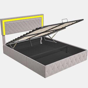 Cama Estofada 140x200 cm bege em Veludo com Arrumação Hidráulica, Cabeceira Ajustável e LED