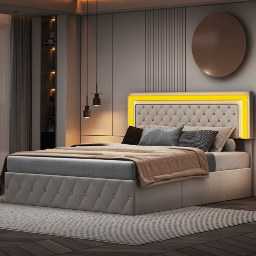Cama Estofada 140x200 cm bege em Veludo com Arrumação Hidráulica, Cabeceira Ajustável e LED Cama Estofada 140x200 cm bege em Veludo com Arrumação Hidráulica, Cabeceira Ajustável e LED