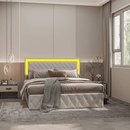 Cama Estofada 140x200 cm bege em Veludo com Arrumação Hidráulica, Cabeceira Ajustável e LED Cama Estofada 140x200 cm bege em Veludo com Arrumação Hidráulica, Cabeceira Ajustável e LED