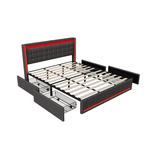 Cama com Arrumação 180x200 cm Cinzento Escuro com Cabeceira e Peseira LED, 4 Gavetas Metálicas e USB Cama com Arrumação 180x200 cm Cinzento Escuro com Cabeceira e Peseira LED, 4 Gavetas Metálicas e USB