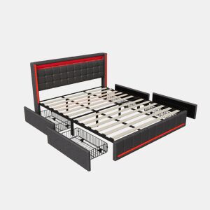 Cama com Arrumação 180x200 cm Cinzento Escuro com Cabeceira e Peseira LED, 4 Gavetas Metálicas e USB