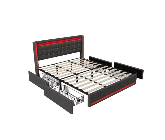 Cama con almacenamiento 180x200 cm gris oscuro con cabecero y piecero led, 4 cajones metálicos y usb