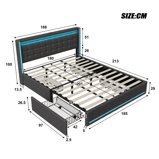 Cama com Arrumação 180x200 cm Cinzento Escuro com Cabeceira e Peseira LED, 4 Gavetas Metálicas e USB Cama com Arrumação 180x200 cm Cinzento Escuro com Cabeceira e Peseira LED, 4 Gavetas Metálicas e USB