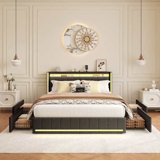 Cama com Arrumação 180x200 cm Cinzento Escuro com Cabeceira e Peseira LED, 4 Gavetas Metálicas e USB Cama com Arrumação 180x200 cm Cinzento Escuro com Cabeceira e Peseira LED, 4 Gavetas Metálicas e USB