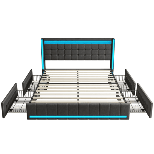 Cama com Arrumação 180x200 cm Cinzento Escuro com Cabeceira e Peseira LED, 4 Gavetas Metálicas e USB Cama com Arrumação 180x200 cm Cinzento Escuro com Cabeceira e Peseira LED, 4 Gavetas Metálicas e USB