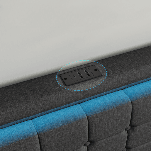 Cama com Arrumação 180x200 cm Cinzento Escuro com Cabeceira e Peseira LED, 4 Gavetas Metálicas e USB Cama com Arrumação 180x200 cm Cinzento Escuro com Cabeceira e Peseira LED, 4 Gavetas Metálicas e USB