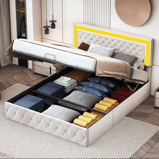 Cama Estofada 160x200 cm bege em Veludo com Arrumação Hidráulica, Cabeceira Ajustável e LED Cama Estofada 160x200 cm bege em Veludo com Arrumação Hidráulica, Cabeceira Ajustável e LED