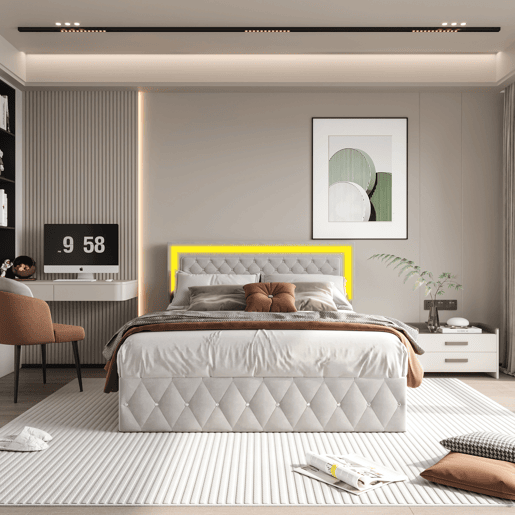 Cama Estofada 160x200 cm bege em Veludo com Arrumação Hidráulica, Cabeceira Ajustável e LED Cama Estofada 160x200 cm bege em Veludo com Arrumação Hidráulica, Cabeceira Ajustável e LED