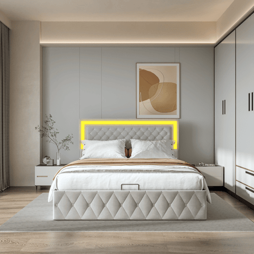Cama Estofada 160x200 cm bege em Veludo com Arrumação Hidráulica, Cabeceira Ajustável e LED Cama Estofada 160x200 cm bege em Veludo com Arrumação Hidráulica, Cabeceira Ajustável e LED