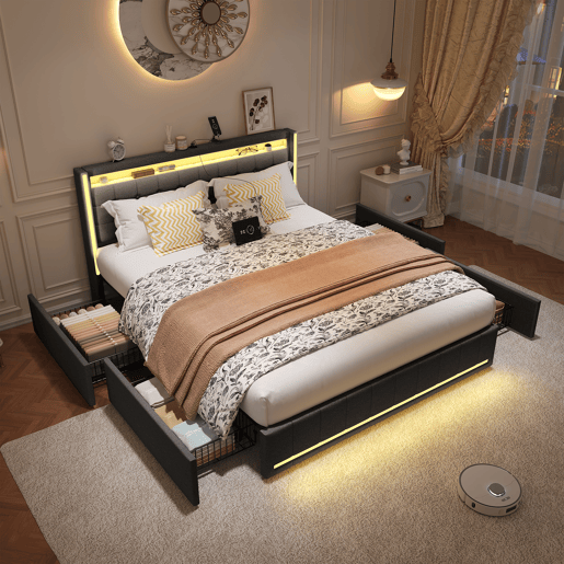 Cama com Arrumação 140x190 cm Cinzento Escuro com Cabeceira e Peseira LED, 4 Gavetas Metálicas e USB