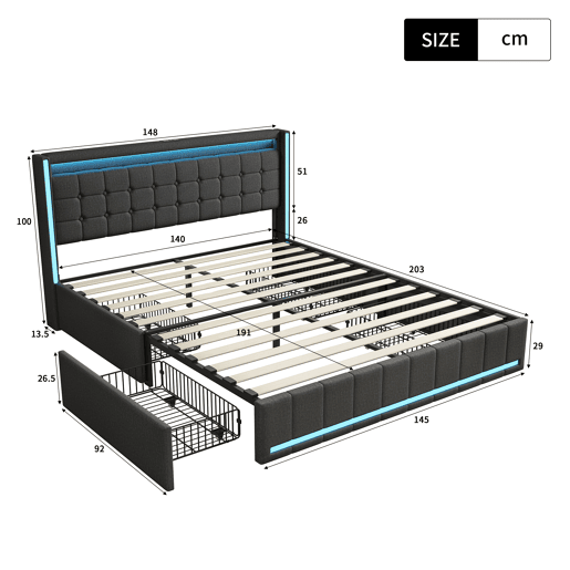 Cama com Arrumação 140x190 cm Cinzento Escuro com Cabeceira e Peseira LED, 4 Gavetas Metálicas e USB