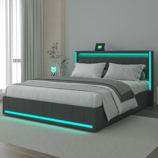 Cama com Arrumação 140x190 cm Cinzento Escuro com Cabeceira e Peseira LED, 4 Gavetas Metálicas e USB