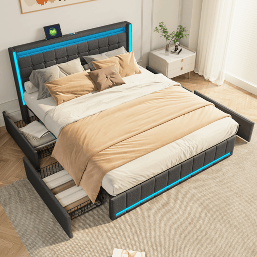 Cama com Arrumação 140x190 cm Cinzento Escuro com Cabeceira e Peseira LED, 4 Gavetas Metálicas e USB