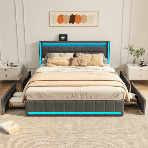 Cama com Arrumação 140x190 cm Cinzento Escuro com Cabeceira e Peseira LED, 4 Gavetas Metálicas e USB