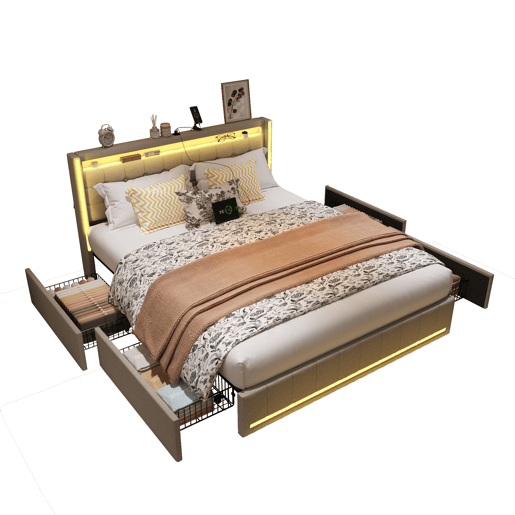 Cama De Casal 180x200 Cm Em Linho, Cabeceira E Peseira Com Leds, Cama Com Arrumação Com 4 Gavetas Metálicas, Portas Usb E Type-c, Bege