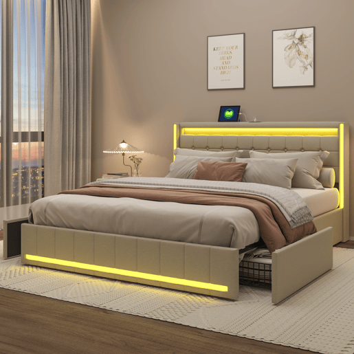 Cama De Casal 180x200 Cm Em Linho, Cabeceira E Peseira Com Leds, Cama Com Arrumação Com 4 Gavetas Metálicas, Portas Usb E Type-c, Bege