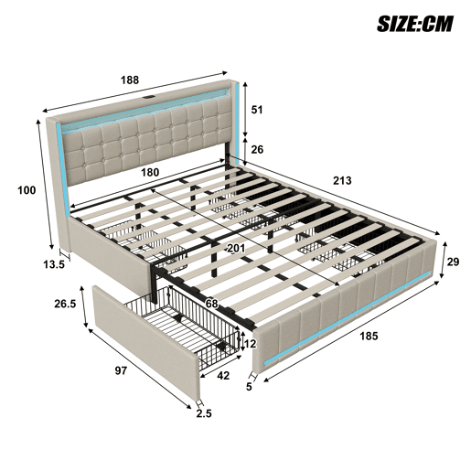 Cama De Casal 180x200 Cm Em Linho, Cabeceira E Peseira Com Leds, Cama Com Arrumação Com 4 Gavetas Metálicas, Portas Usb E Type-c, Bege