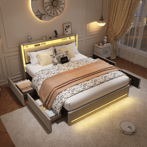 Cama De Casal 180x200 Cm Em Linho, Cabeceira E Peseira Com Leds, Cama Com Arrumação Com 4 Gavetas Metálicas, Portas Usb E Type-c, Bege