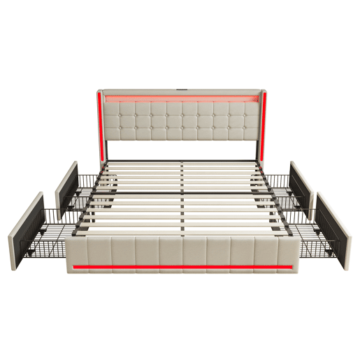 Cama De Casal 180x200 Cm Em Linho, Cabeceira E Peseira Com Leds, Cama Com Arrumação Com 4 Gavetas Metálicas, Portas Usb E Type-c, Bege