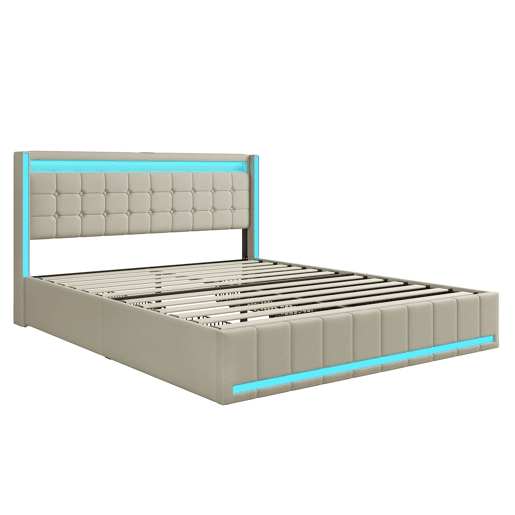 Cama De Casal 180x200 Cm Em Linho, Cabeceira E Peseira Com Leds, Cama Com Arrumação Com 4 Gavetas Metálicas, Portas Usb E Type-c, Bege