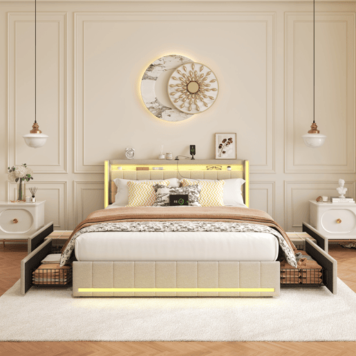 Cama De Casal 180x200 Cm Em Linho, Cabeceira E Peseira Com Leds, Cama Com Arrumação Com 4 Gavetas Metálicas, Portas Usb E Type-c, Bege