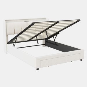 Cama com arrumação elevatória 160x200 cm, veludo, LED, 2 USB, 2 tomadas europeias e 1 gaveta, bege claro