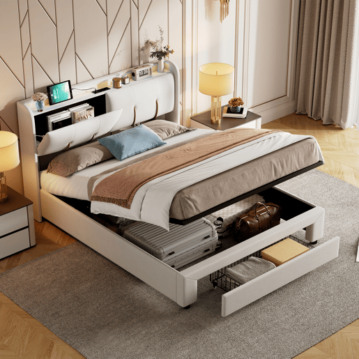 Cama com arrumação elevatória 160x200 cm, veludo, LED, 2 USB, 2 tomadas europeias e 1 gaveta, bege claro Cama com arrumação elevatória 160x200 cm, veludo, LED, 2 USB, 2 tomadas europeias e 1 gaveta, bege claro