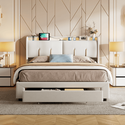 Cama com arrumação elevatória 160x200 cm, veludo, LED, 2 USB, 2 tomadas europeias e 1 gaveta, bege claro Cama com arrumação elevatória 160x200 cm, veludo, LED, 2 USB, 2 tomadas europeias e 1 gaveta, bege claro