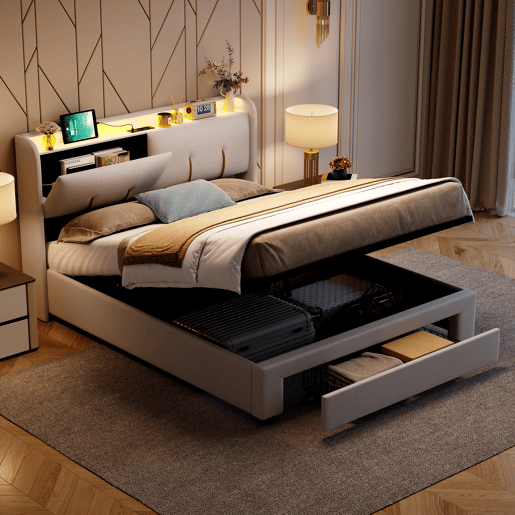 Cama com arrumação elevatória 160x200 cm, veludo, LED, 2 USB, 2 tomadas europeias e 1 gaveta, bege claro Cama com arrumação elevatória 160x200 cm, veludo, LED, 2 USB, 2 tomadas europeias e 1 gaveta, bege claro