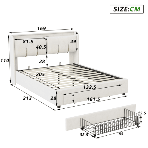 Cama com arrumação elevatória 160x200 cm, veludo, LED, 2 USB, 2 tomadas europeias e 1 gaveta, bege claro Cama com arrumação elevatória 160x200 cm, veludo, LED, 2 USB, 2 tomadas europeias e 1 gaveta, bege claro