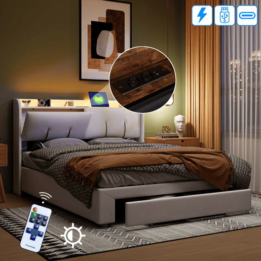 Cama com arrumação elevatória 160x200 cm, veludo, LED, 2 USB, 2 tomadas europeias e 1 gaveta, bege claro Cama com arrumação elevatória 160x200 cm, veludo, LED, 2 USB, 2 tomadas europeias e 1 gaveta, bege claro