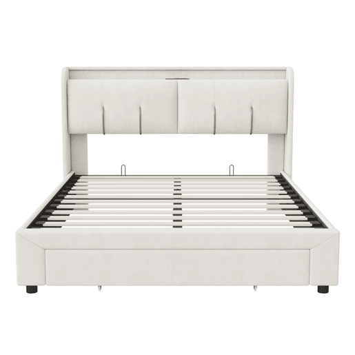 Cama com arrumação elevatória 160x200 cm, veludo, LED, 2 USB, 2 tomadas europeias e 1 gaveta, bege claro Cama com arrumação elevatória 160x200 cm, veludo, LED, 2 USB, 2 tomadas europeias e 1 gaveta, bege claro