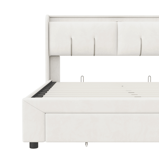Cama com arrumação elevatória 160x200 cm, veludo, LED, 2 USB, 2 tomadas europeias e 1 gaveta, bege claro Cama com arrumação elevatória 160x200 cm, veludo, LED, 2 USB, 2 tomadas europeias e 1 gaveta, bege claro