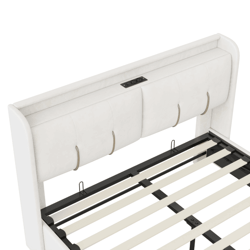 Cama com arrumação elevatória 160x200 cm, veludo, LED, 2 USB, 2 tomadas europeias e 1 gaveta, bege claro Cama com arrumação elevatória 160x200 cm, veludo, LED, 2 USB, 2 tomadas europeias e 1 gaveta, bege claro