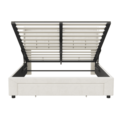 Cama com arrumação elevatória 160x200 cm, veludo, LED, 2 USB, 2 tomadas europeias e 1 gaveta, bege claro Cama com arrumação elevatória 160x200 cm, veludo, LED, 2 USB, 2 tomadas europeias e 1 gaveta, bege claro