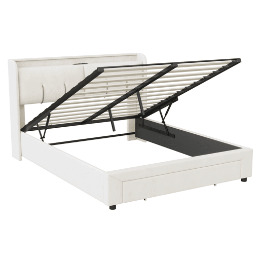 Cama com arrumação elevatória 160x200 cm, veludo, LED, 2 USB, 2 tomadas europeias e 1 gaveta, bege claro Cama com arrumação elevatória 160x200 cm, veludo, LED, 2 USB, 2 tomadas europeias e 1 gaveta, bege claro