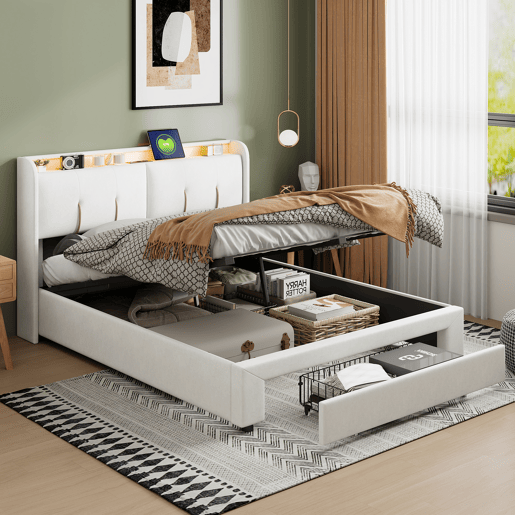 Cama com arrumação elevatória 160x200 cm, veludo, LED, 2 USB, 2 tomadas europeias e 1 gaveta, bege claro Cama com arrumação elevatória 160x200 cm, veludo, LED, 2 USB, 2 tomadas europeias e 1 gaveta, bege claro