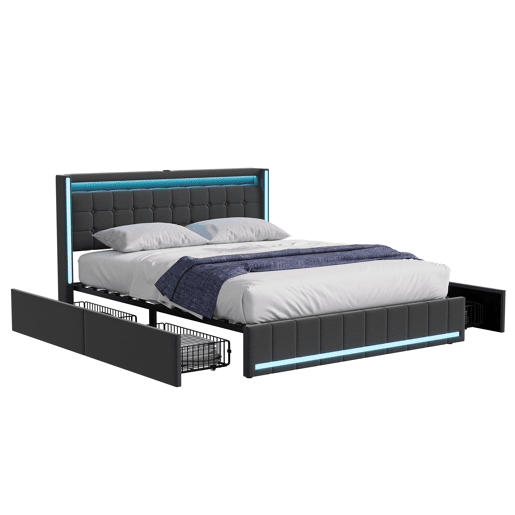 Cama com Arrumação 160x200 cm Cinzento Escuro com Cabeceira e Peseira LED, 4 Gavetas Metálicas e USB