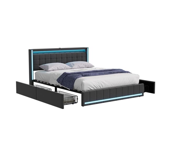 Cama con almacenamiento 160x200 cm gris oscuro con cabecero y piecero led, 4 cajones metálicos y usb