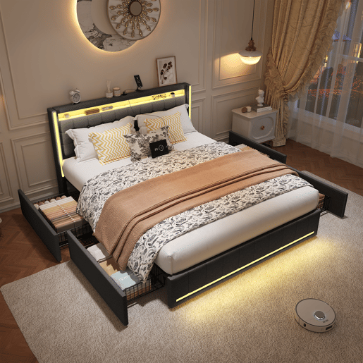 Cama com Arrumação 160x200 cm Cinzento Escuro com Cabeceira e Peseira LED, 4 Gavetas Metálicas e USB
