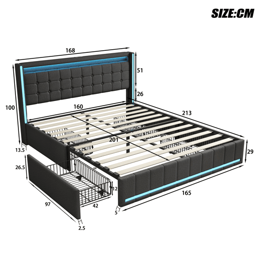 Cama com Arrumação 160x200 cm Cinzento Escuro com Cabeceira e Peseira LED, 4 Gavetas Metálicas e USB