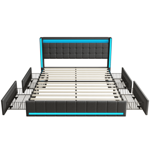 Cama com Arrumação 160x200 cm Cinzento Escuro com Cabeceira e Peseira LED, 4 Gavetas Metálicas e USB