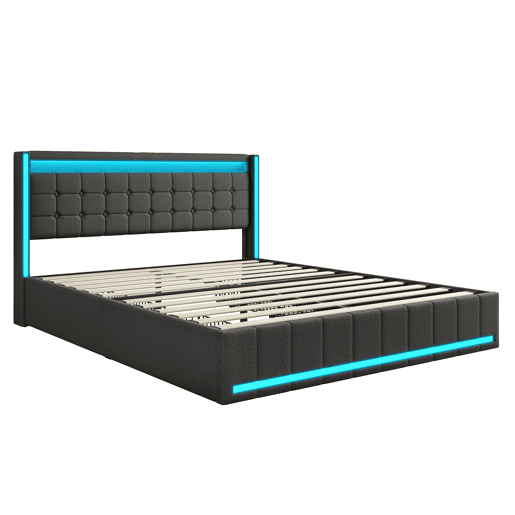 Cama com Arrumação 160x200 cm Cinzento Escuro com Cabeceira e Peseira LED, 4 Gavetas Metálicas e USB