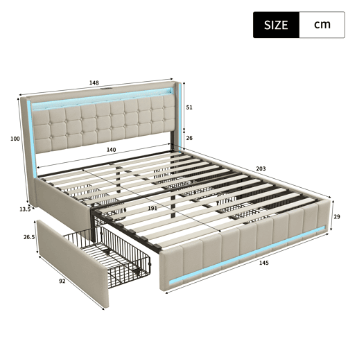 Cama De Casal 140x190 Cm Em Linho, Cabeceira E Peseira Com Leds, Cama Com Arrumação Com 4 Gavetas Metálicas, Portas Usb E Type-c, Bege Cama De Casal 140x190 Cm Em Linho, Cabeceira E Peseira Com Leds, Cama Com Arrumação Com 4 Gavetas Metálicas, Portas Usb E Type-c, Bege