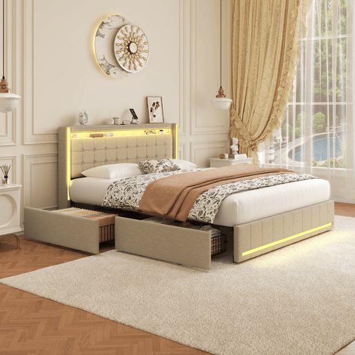 Cama De Casal 140x190 Cm Em Linho, Cabeceira E Peseira Com Leds, Cama Com Arrumação Com 4 Gavetas Metálicas, Portas Usb E Type-c, Bege Cama De Casal 140x190 Cm Em Linho, Cabeceira E Peseira Com Leds, Cama Com Arrumação Com 4 Gavetas Metálicas, Portas Usb E Type-c, Bege