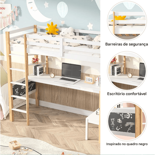 Cama 90x200cm, cama infantil, beliche, cama adolescente, proteção contra quedas, escada, cama de madeira maciça, branca Cama 90x200cm, cama infantil, beliche, cama adolescente, proteção contra quedas, escada, cama de madeira maciça, branca