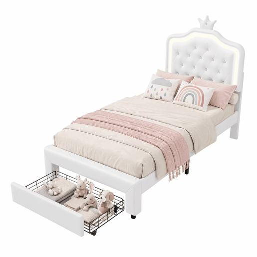 Cama 90x200cm, LED, gavetas, cama de adolescente, cama de criança, cama de solteiro com sanca, gavetas, PU
