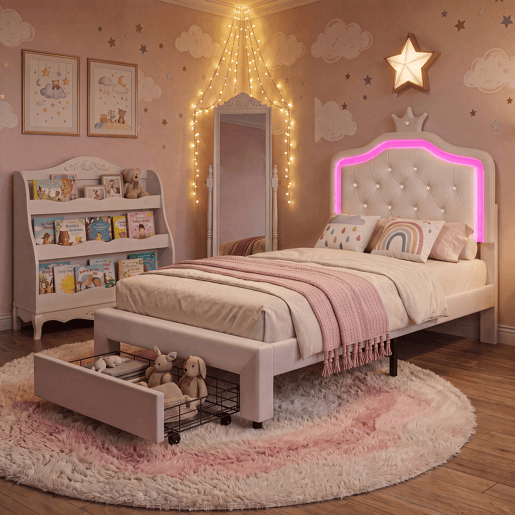 Cama 90x200cm, LED, gavetas, cama de adolescente, cama de criança, cama de solteiro com sanca, gavetas, PU