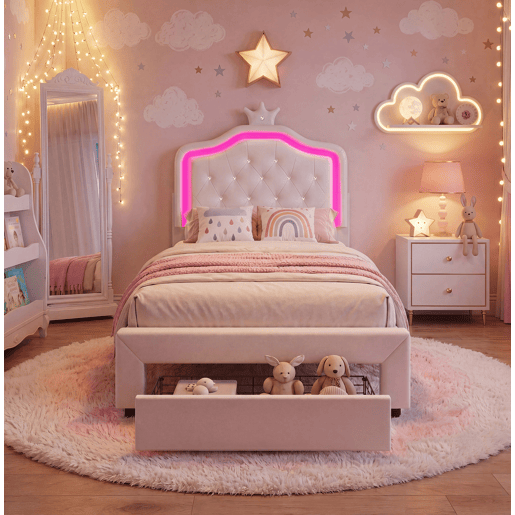 Cama 90x200cm, LED, gavetas, cama de adolescente, cama de criança, cama de solteiro com sanca, gavetas, PU