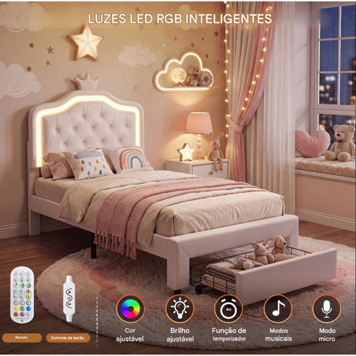 Cama 90x200cm, LED, gavetas, cama de adolescente, cama de criança, cama de solteiro com sanca, gavetas, PU